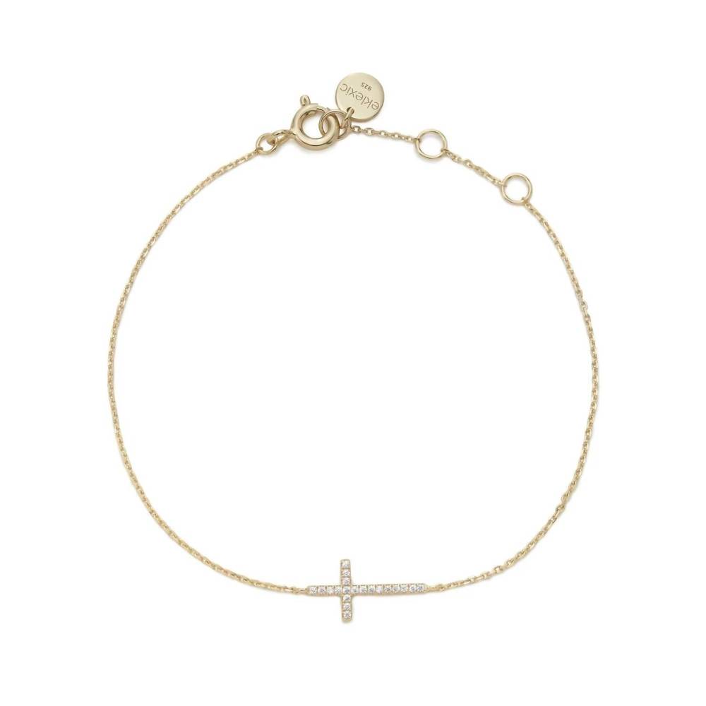 NEW EKLEXIC women's horizontal cubic zirconia cross bracelet in 14k gold plated